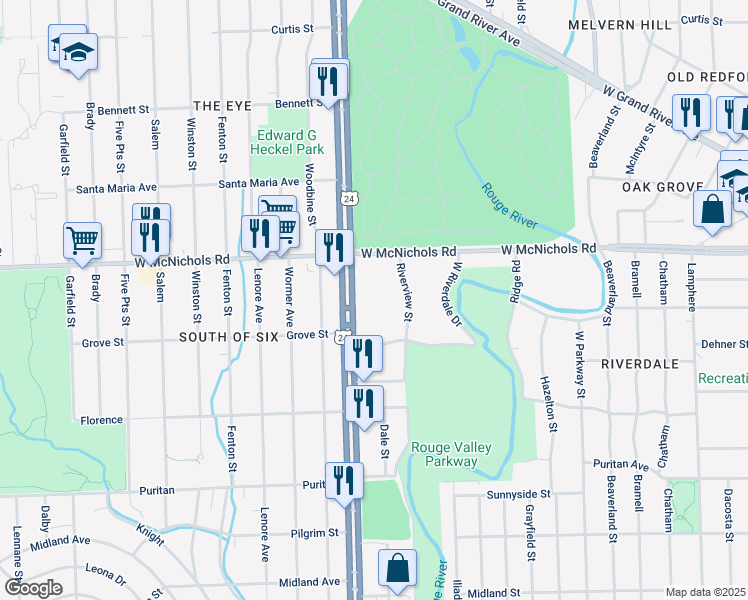 map of restaurants, bars, coffee shops, grocery stores, and more near 23830 Dehner Street in Detroit