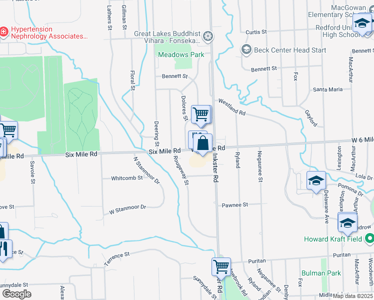 map of restaurants, bars, coffee shops, grocery stores, and more near 33500 West 6 Mile Road in Livonia