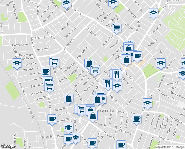 map of restaurants, bars, coffee shops, grocery stores, and more near 4 Glendale Street in Everett