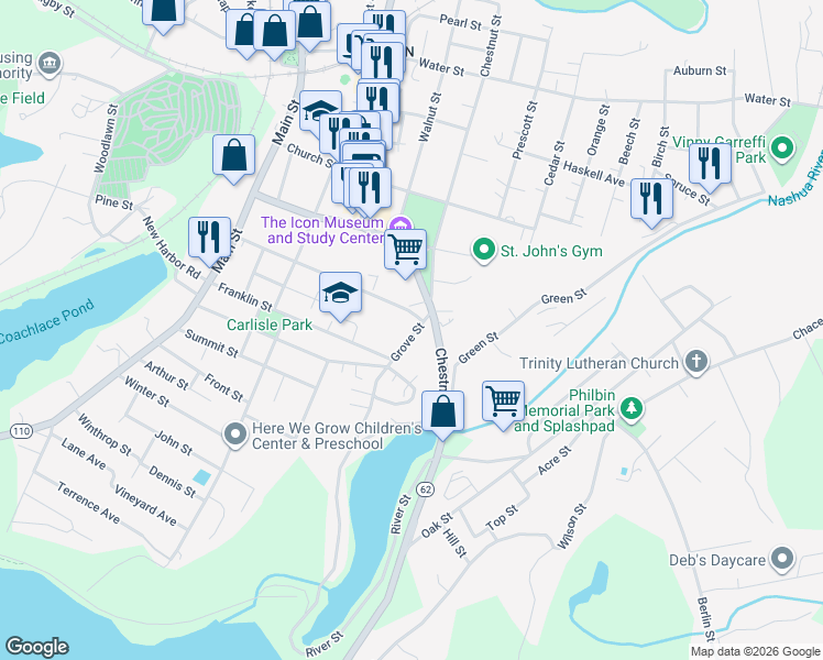 map of restaurants, bars, coffee shops, grocery stores, and more near 50 Grove Street in Clinton