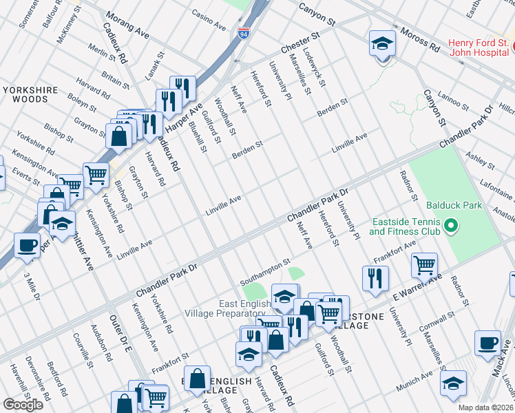 map of restaurants, bars, coffee shops, grocery stores, and more near 5722 Guilford Street in Detroit