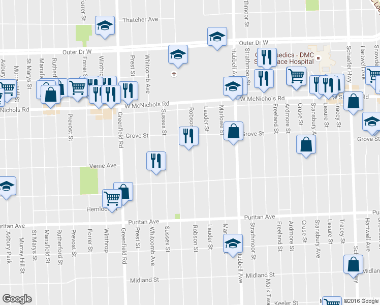 map of restaurants, bars, coffee shops, grocery stores, and more near 16627 Robson St in Detroit