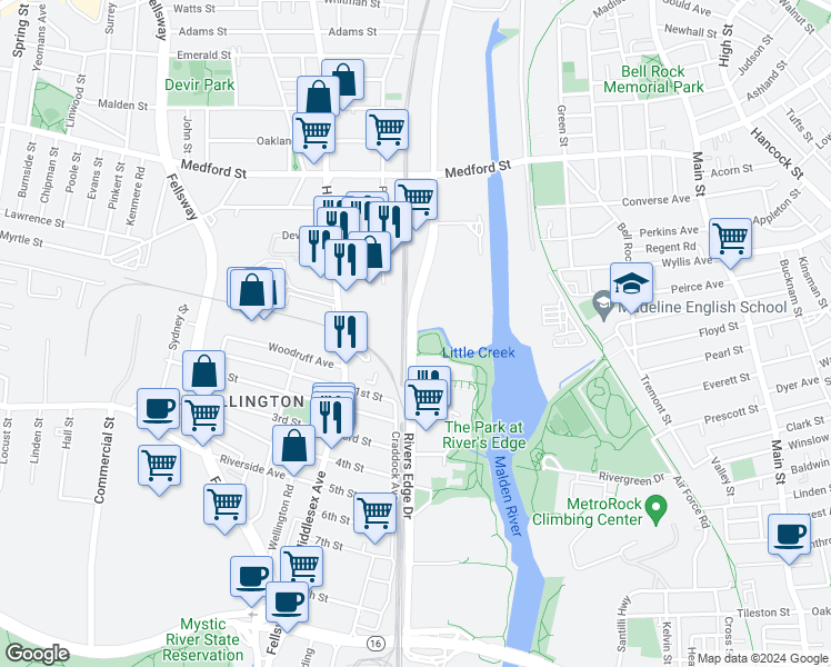 map of restaurants, bars, coffee shops, grocery stores, and more near 2002 Commercial Street in Malden