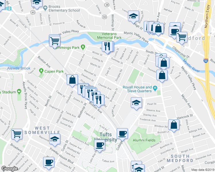 map of restaurants, bars, coffee shops, grocery stores, and more near 32 Chester Avenue in Medford