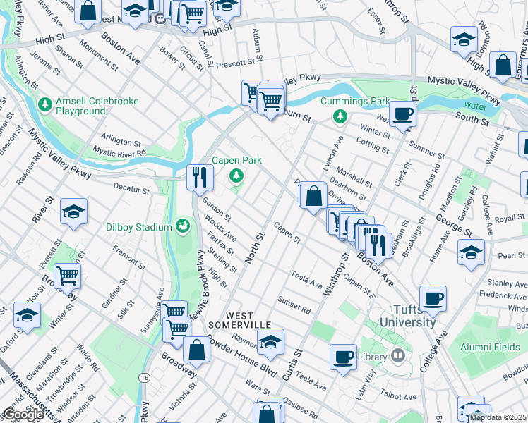 map of restaurants, bars, coffee shops, grocery stores, and more near 93 Capen Street in Medford