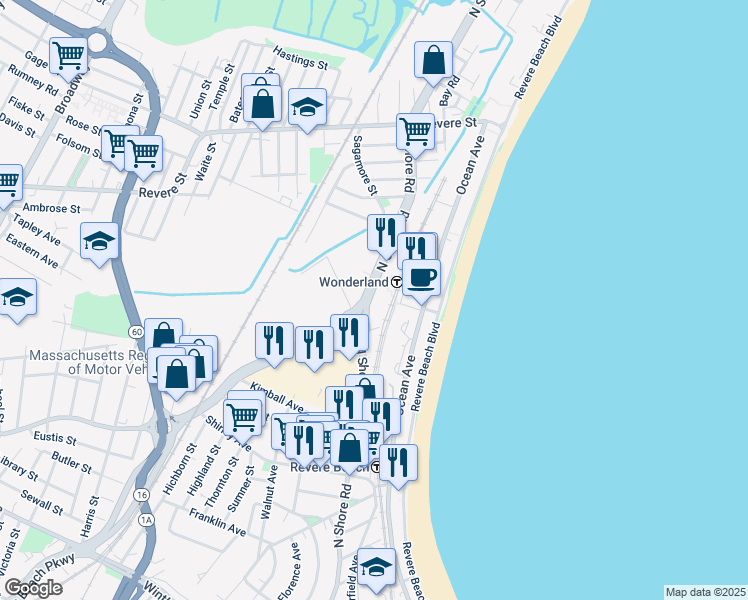 map of restaurants, bars, coffee shops, grocery stores, and more near 500 Ocean Avenue in Revere