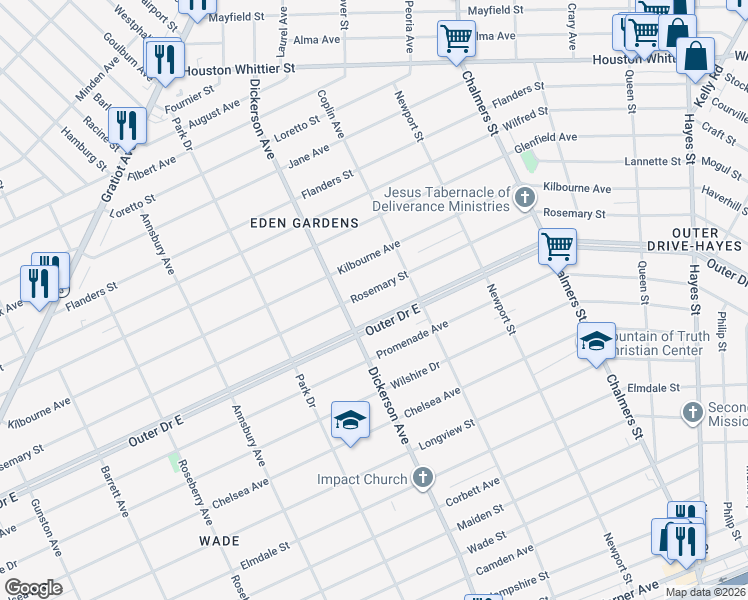 map of restaurants, bars, coffee shops, grocery stores, and more near 9047 Outer Drive East in Detroit