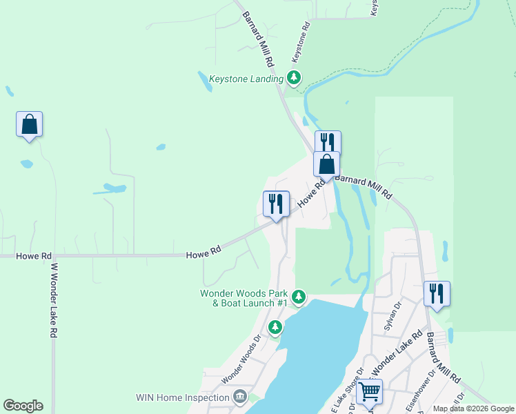 map of restaurants, bars, coffee shops, grocery stores, and more near 7702 Howe Road in Wonder Lake