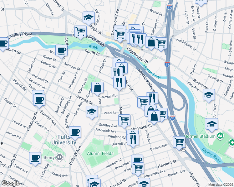 map of restaurants, bars, coffee shops, grocery stores, and more near in Medford