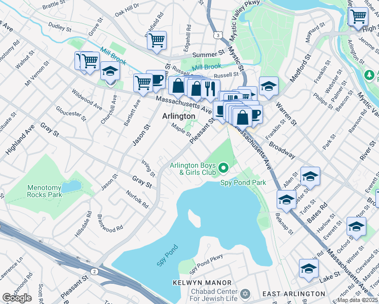map of restaurants, bars, coffee shops, grocery stores, and more near 10 Addison Street in Arlington