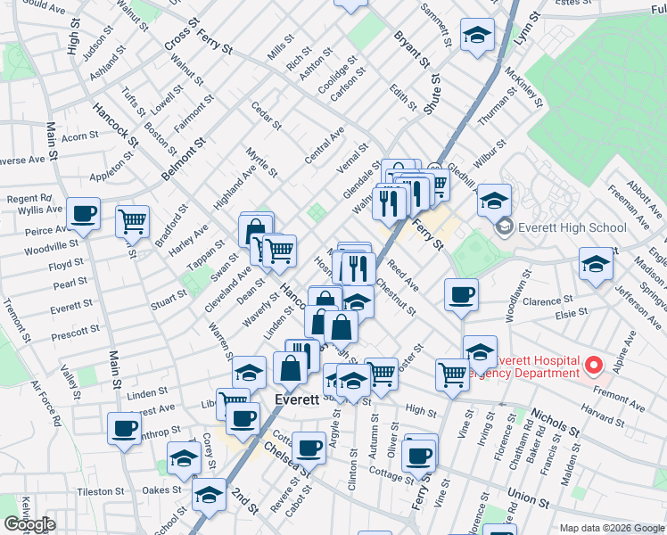 map of restaurants, bars, coffee shops, grocery stores, and more near 8 Sherman Street in Everett