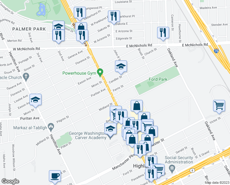 map of restaurants, bars, coffee shops, grocery stores, and more near 10 Ferris Street in Highland Park