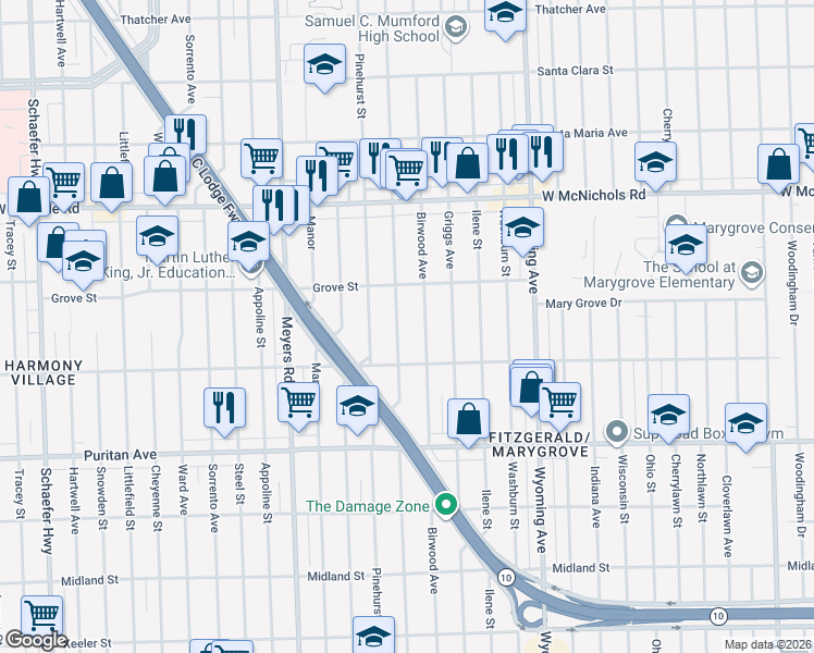 map of restaurants, bars, coffee shops, grocery stores, and more near 16519 Birwood Street in Detroit