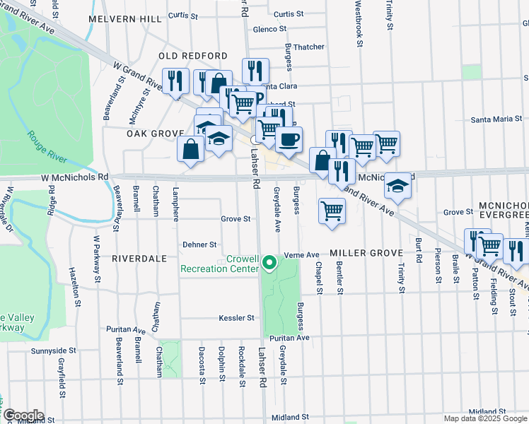 map of restaurants, bars, coffee shops, grocery stores, and more near 16763 Lahser Road in Detroit