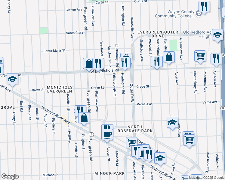 map of restaurants, bars, coffee shops, grocery stores, and more near 16773 Edinborough Road in Detroit