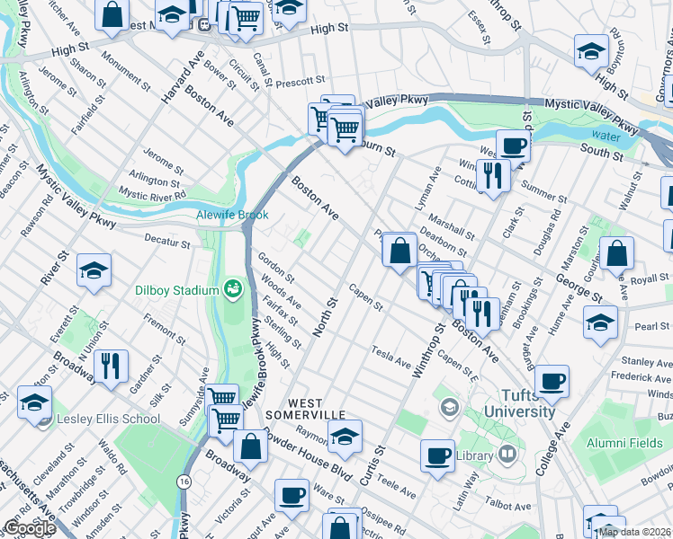 map of restaurants, bars, coffee shops, grocery stores, and more near 113 North Street in Medford