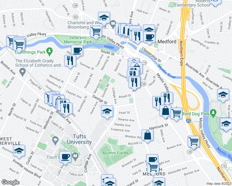 map of restaurants, bars, coffee shops, grocery stores, and more near 36 College Avenue in Medford