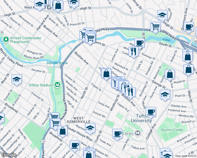 map of restaurants, bars, coffee shops, grocery stores, and more near 12 Quincy Street in Medford