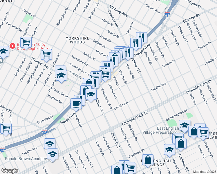 map of restaurants, bars, coffee shops, grocery stores, and more near 6015 Yorkshire Road in Detroit