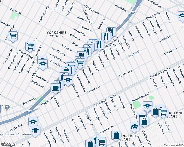 map of restaurants, bars, coffee shops, grocery stores, and more near 6171 Bishop Street in Detroit