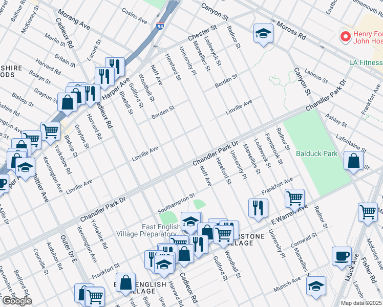 map of restaurants, bars, coffee shops, grocery stores, and more near 17440 Chandler Park Drive in Detroit