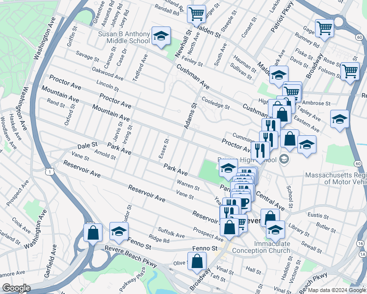 map of restaurants, bars, coffee shops, grocery stores, and more near 38 Barrett Street in Revere