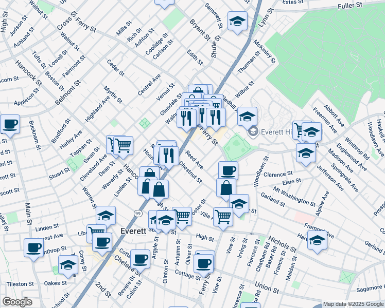 map of restaurants, bars, coffee shops, grocery stores, and more near 82 Chestnut Street in Everett