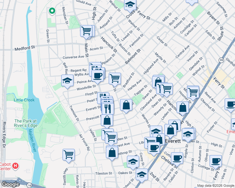 map of restaurants, bars, coffee shops, grocery stores, and more near 129 Bucknam Street in Everett