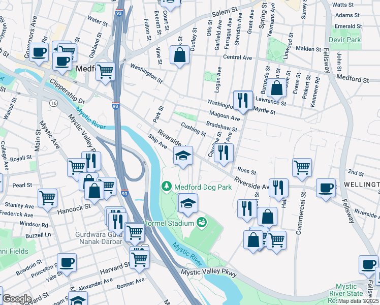 map of restaurants, bars, coffee shops, grocery stores, and more near 3000 Mystic Valley Parkway in Medford