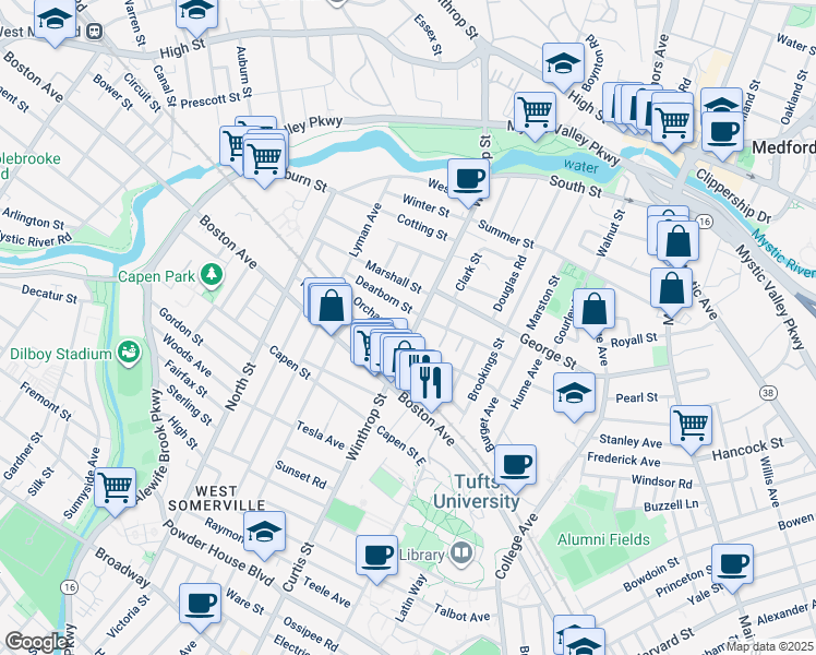map of restaurants, bars, coffee shops, grocery stores, and more near 2 Charnwood Road in Medford
