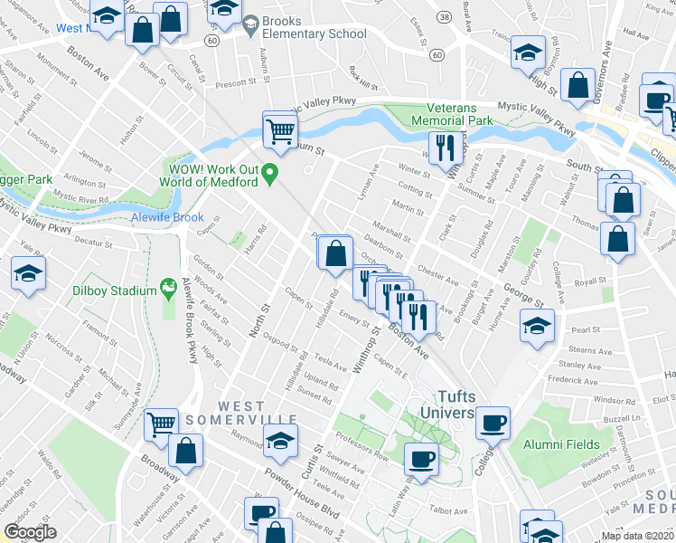 map of restaurants, bars, coffee shops, grocery stores, and more near 24 Hillsdale Road in Medford