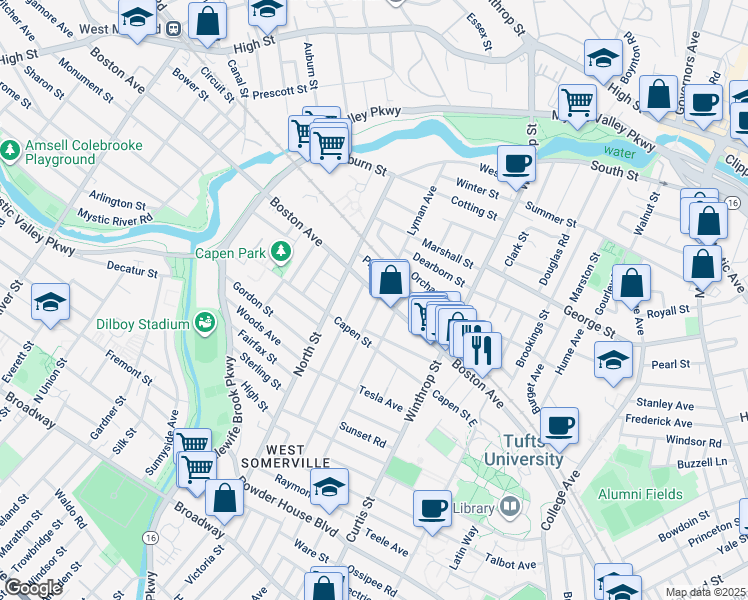 map of restaurants, bars, coffee shops, grocery stores, and more near 24 Hillsdale Road in Medford