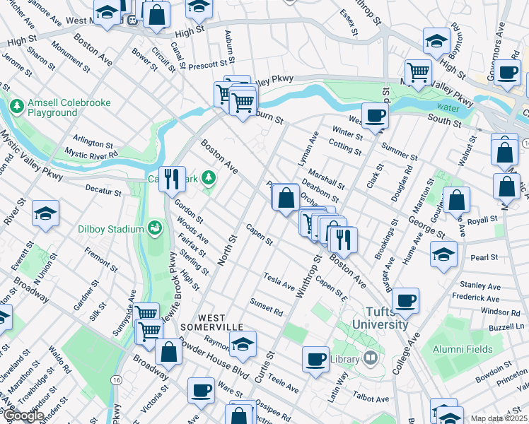 map of restaurants, bars, coffee shops, grocery stores, and more near in Medford