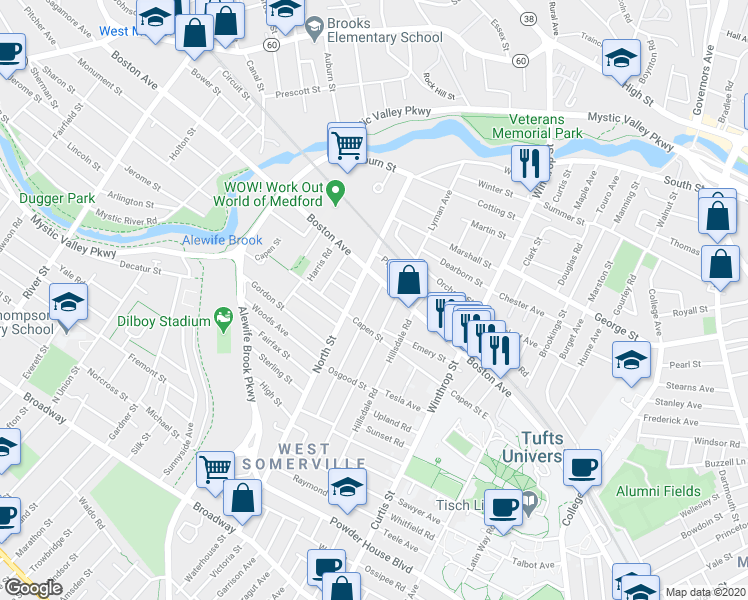 map of restaurants, bars, coffee shops, grocery stores, and more near in Medford