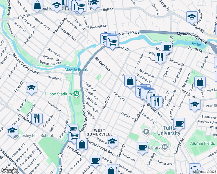 map of restaurants, bars, coffee shops, grocery stores, and more near 113 North Street in Medford