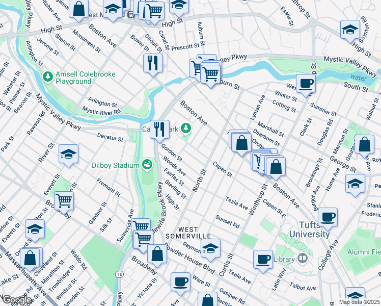 map of restaurants, bars, coffee shops, grocery stores, and more near 29 Gordon Street in Somerville