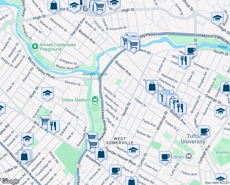 map of restaurants, bars, coffee shops, grocery stores, and more near 29 Gordon Street in Somerville