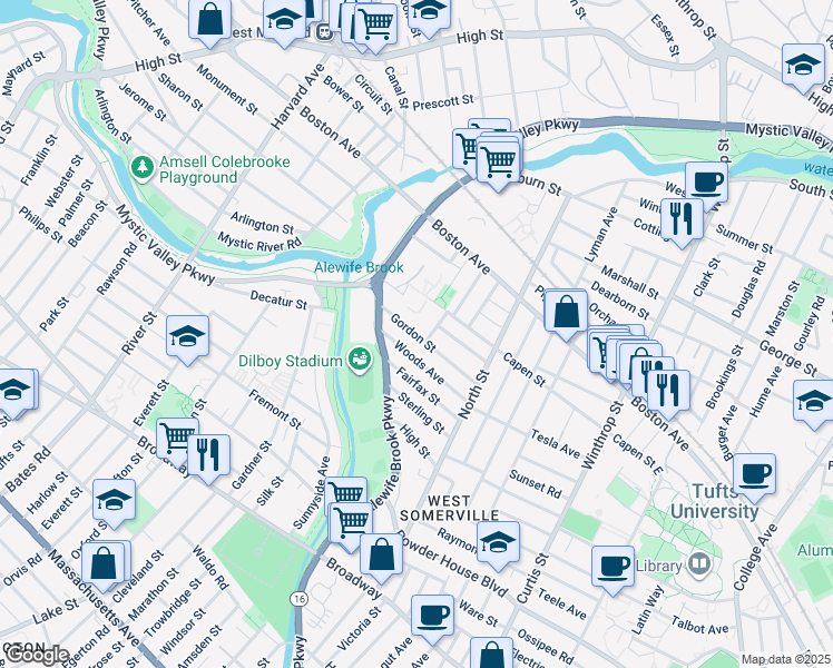 map of restaurants, bars, coffee shops, grocery stores, and more near 70 Woods Avenue in Somerville