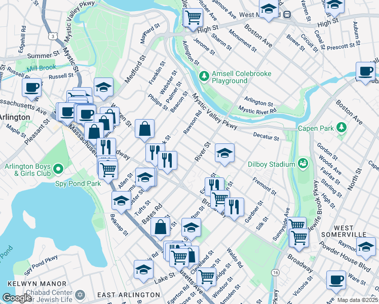 map of restaurants, bars, coffee shops, grocery stores, and more near 11 Amherst Street in Arlington