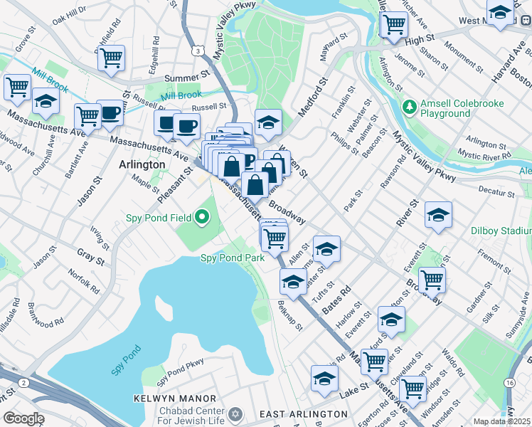 map of restaurants, bars, coffee shops, grocery stores, and more near 382 Massachusetts Avenue in Arlington