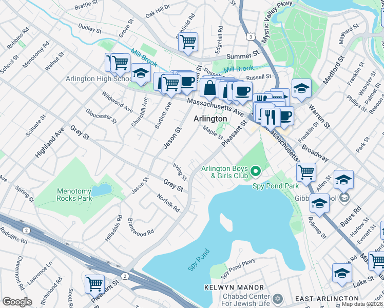 map of restaurants, bars, coffee shops, grocery stores, and more near 17 Irving Street in Arlington