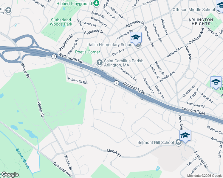 map of restaurants, bars, coffee shops, grocery stores, and more near 44 Birch Hill Road in Belmont