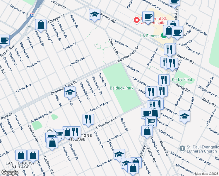 map of restaurants, bars, coffee shops, grocery stores, and more near 5236 Radnor Street in Detroit