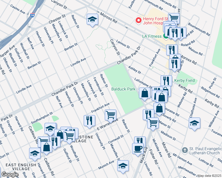 map of restaurants, bars, coffee shops, grocery stores, and more near 5236 Radnor Street in Detroit