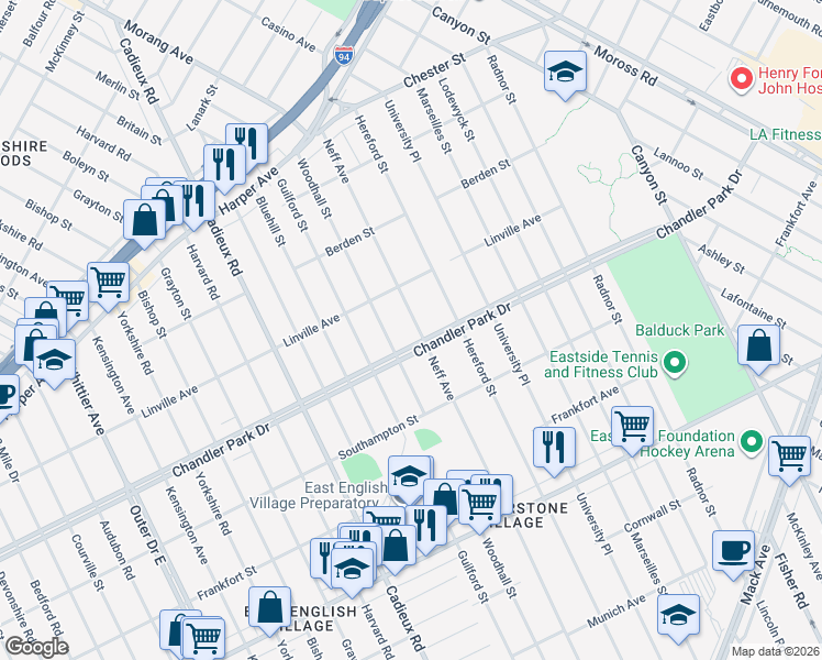 map of restaurants, bars, coffee shops, grocery stores, and more near 17440 Chandler Park Drive in Detroit