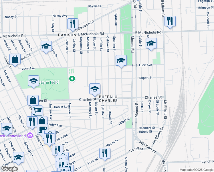 map of restaurants, bars, coffee shops, grocery stores, and more near 12844 Buffalo Street in Hamtramck