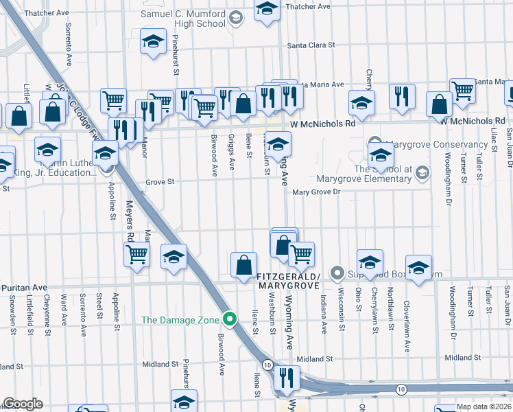 map of restaurants, bars, coffee shops, grocery stores, and more near 16519 Washburn Street in Detroit