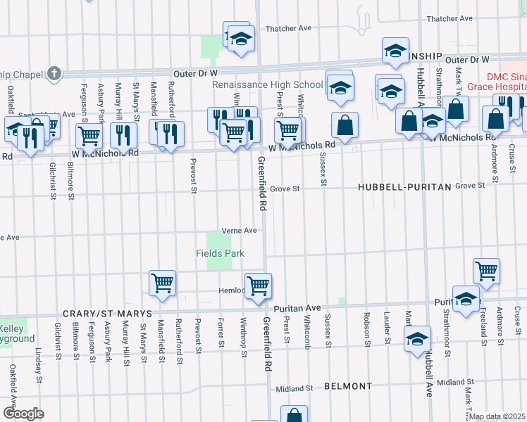 map of restaurants, bars, coffee shops, grocery stores, and more near 16676 Greenfield Road in Detroit
