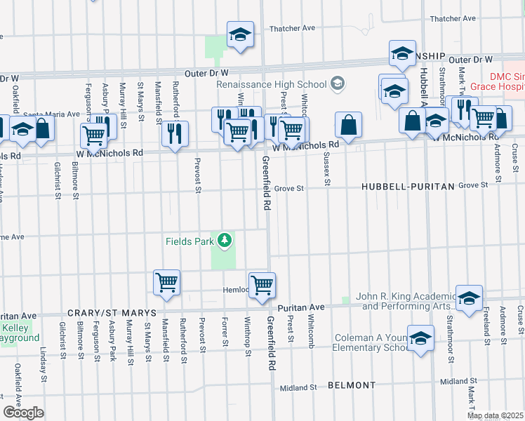 map of restaurants, bars, coffee shops, grocery stores, and more near 16676 Greenfield Road in Detroit