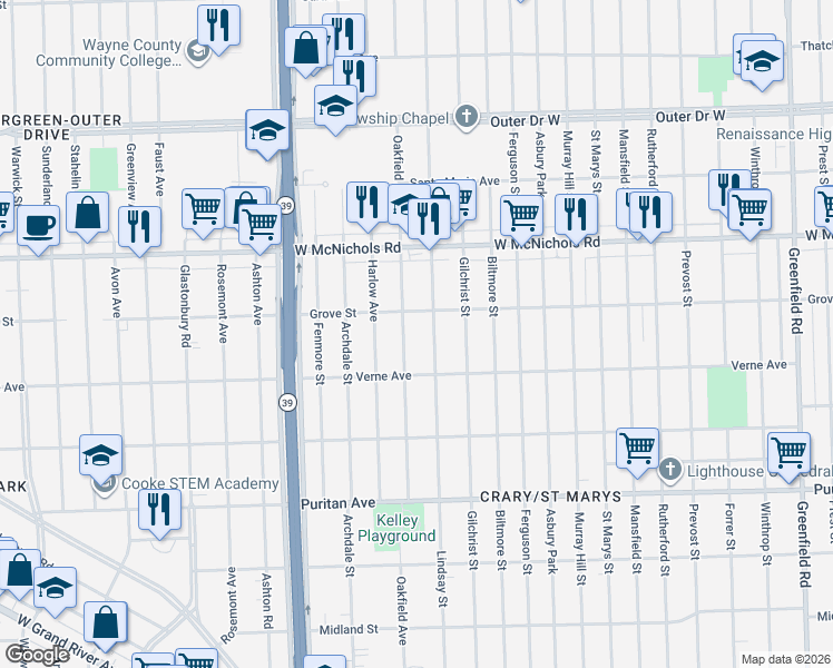 map of restaurants, bars, coffee shops, grocery stores, and more near 16718 Oakfield Avenue in Detroit